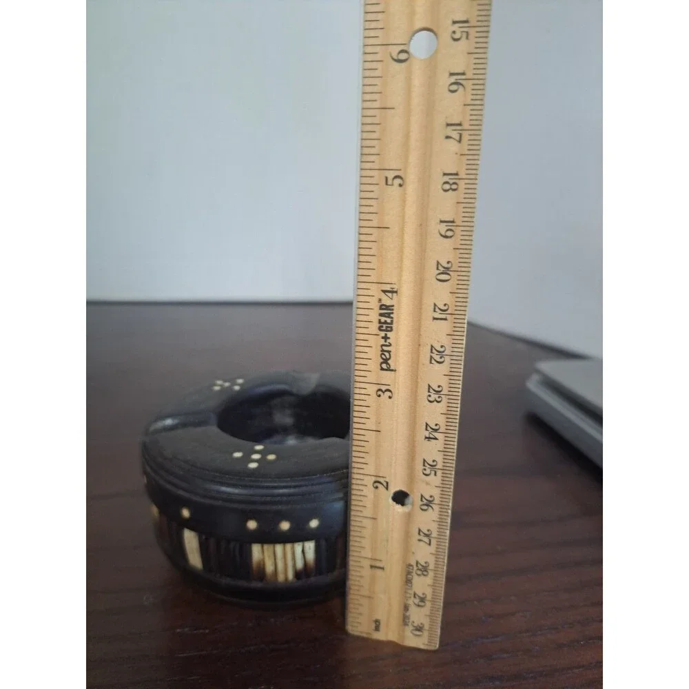 Antique Anglo Indian Ebony Wood Ashtray With Porcupine Quills And Dot Inlay